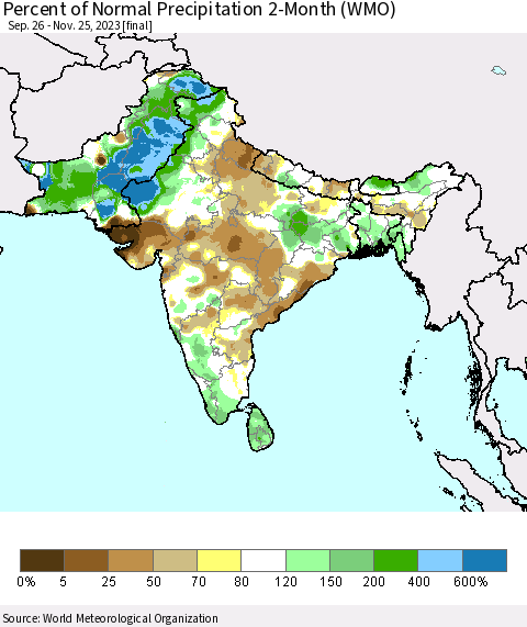 Southern Asia Percent of Normal Precipitation 2-Month (WMO) Thematic Map For 9/26/2023 - 11/25/2023