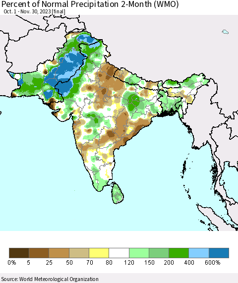 Southern Asia Percent of Normal Precipitation 2-Month (WMO) Thematic Map For 10/1/2023 - 11/30/2023