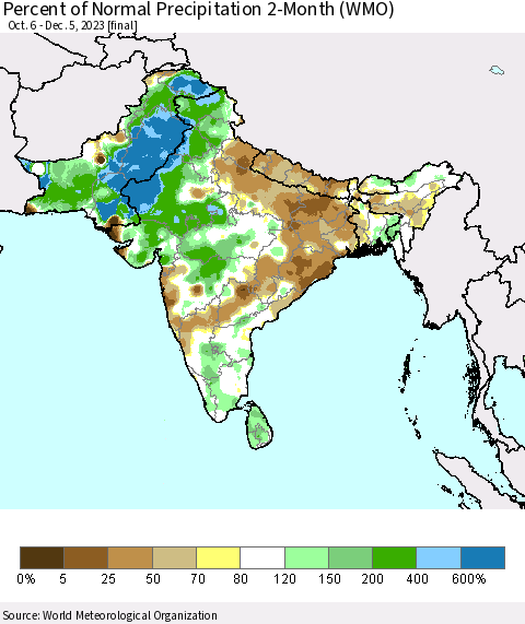 Southern Asia Percent of Normal Precipitation 2-Month (WMO) Thematic Map For 10/6/2023 - 12/5/2023