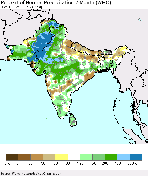 Southern Asia Percent of Normal Precipitation 2-Month (WMO) Thematic Map For 10/11/2023 - 12/10/2023