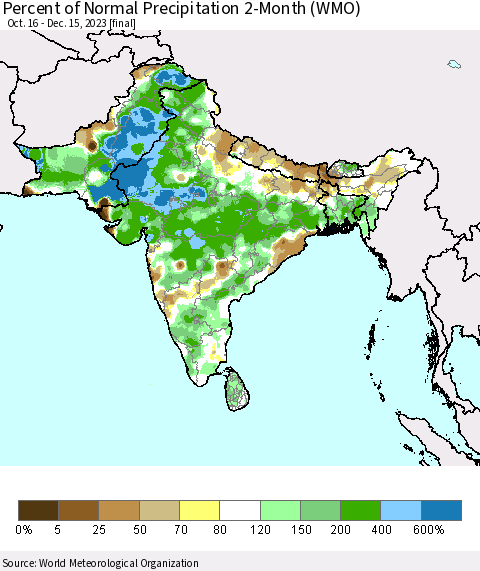 Southern Asia Percent of Normal Precipitation 2-Month (WMO) Thematic Map For 10/16/2023 - 12/15/2023