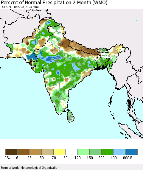 Southern Asia Percent of Normal Precipitation 2-Month (WMO) Thematic Map For 10/21/2023 - 12/20/2023