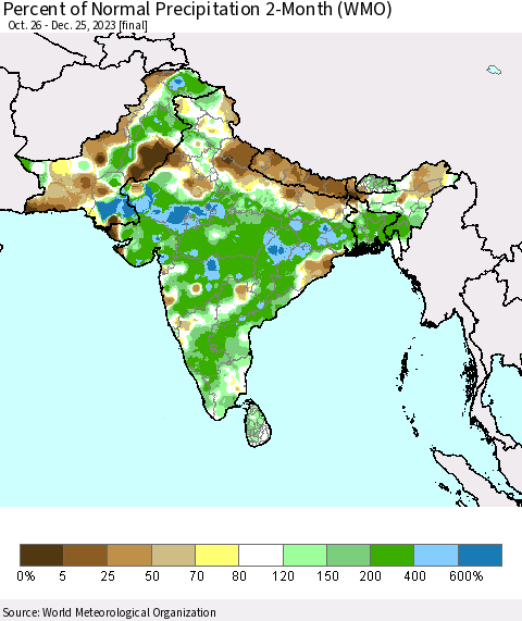 Southern Asia Percent of Normal Precipitation 2-Month (WMO) Thematic Map For 10/26/2023 - 12/25/2023