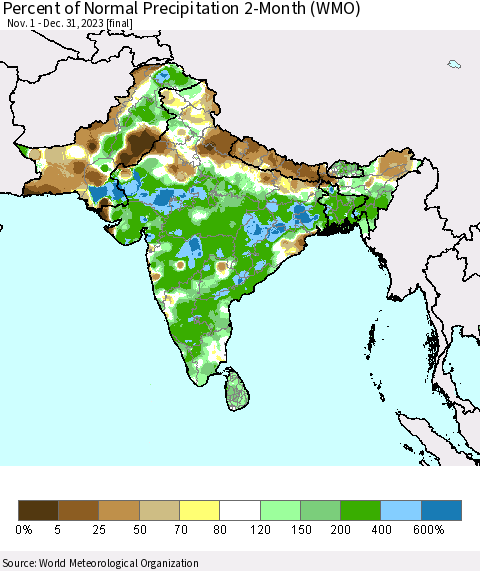 Southern Asia Percent of Normal Precipitation 2-Month (WMO) Thematic Map For 11/1/2023 - 12/31/2023