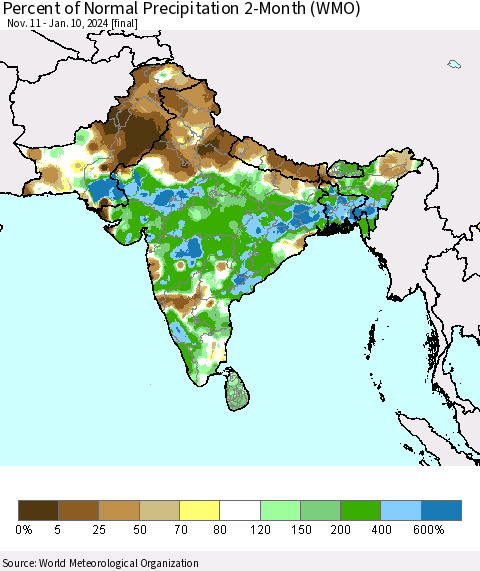 Southern Asia Percent of Normal Precipitation 2-Month (WMO) Thematic Map For 11/11/2023 - 1/10/2024