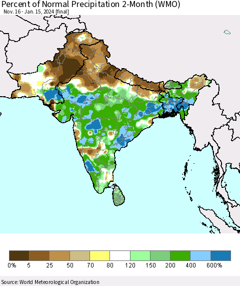 Southern Asia Percent of Normal Precipitation 2-Month (WMO) Thematic Map For 11/16/2023 - 1/15/2024