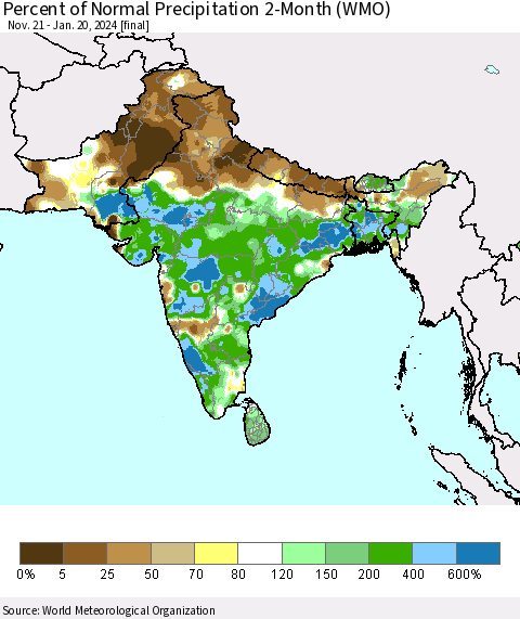 Southern Asia Percent of Normal Precipitation 2-Month (WMO) Thematic Map For 11/21/2023 - 1/20/2024