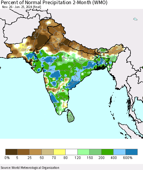 Southern Asia Percent of Normal Precipitation 2-Month (WMO) Thematic Map For 11/26/2023 - 1/25/2024