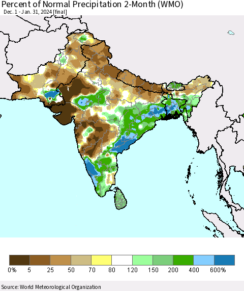 Southern Asia Percent of Normal Precipitation 2-Month (WMO) Thematic Map For 12/1/2023 - 1/31/2024