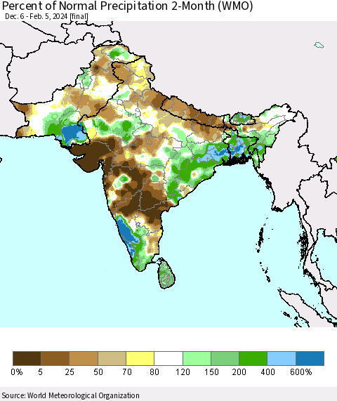 Southern Asia Percent of Normal Precipitation 2-Month (WMO) Thematic Map For 12/6/2023 - 2/5/2024