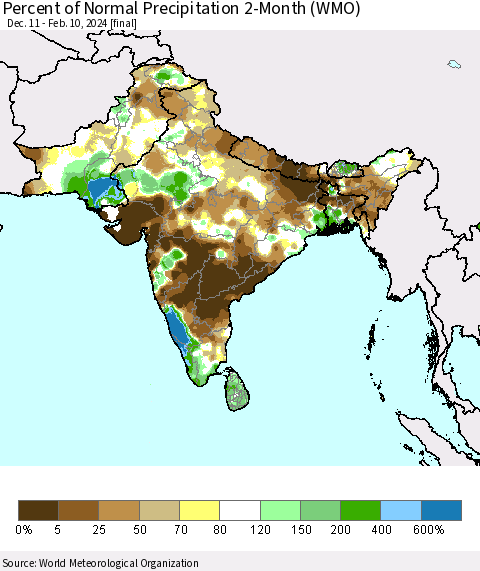 Southern Asia Percent of Normal Precipitation 2-Month (WMO) Thematic Map For 12/11/2023 - 2/10/2024