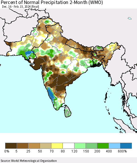 Southern Asia Percent of Normal Precipitation 2-Month (WMO) Thematic Map For 12/16/2023 - 2/15/2024