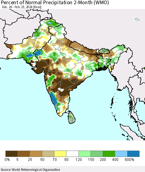Southern Asia Percent of Normal Precipitation 2-Month (WMO) Thematic Map For 12/26/2023 - 2/25/2024