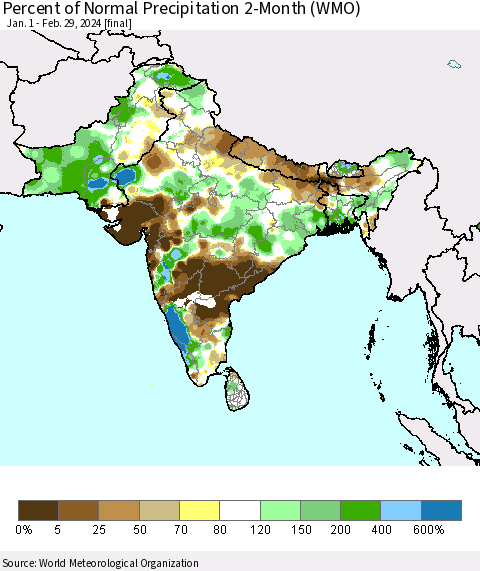 Southern Asia Percent of Normal Precipitation 2-Month (WMO) Thematic Map For 1/1/2024 - 2/29/2024