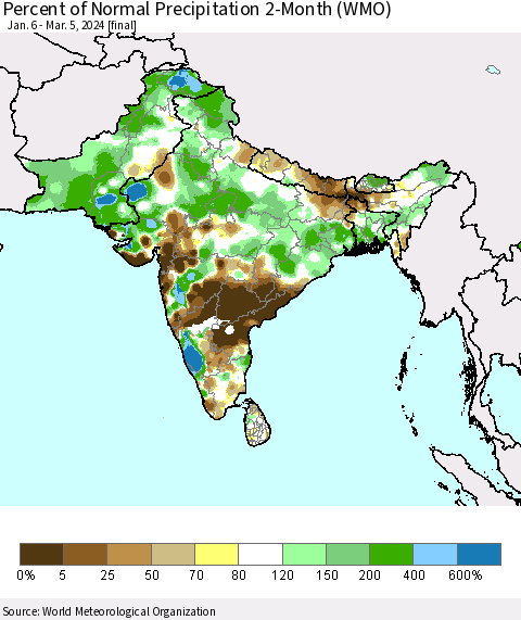 Southern Asia Percent of Normal Precipitation 2-Month (WMO) Thematic Map For 1/6/2024 - 3/5/2024