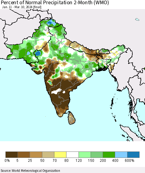 Southern Asia Percent of Normal Precipitation 2-Month (WMO) Thematic Map For 1/11/2024 - 3/10/2024