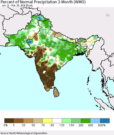 Southern Asia Percent of Normal Precipitation 2-Month (WMO) Thematic Map For 1/21/2024 - 3/20/2024
