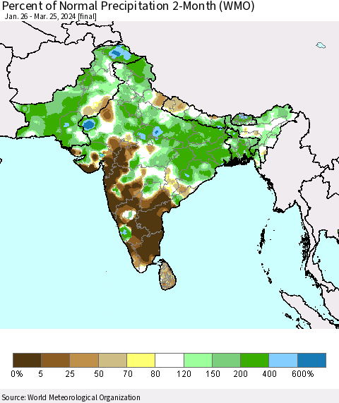Southern Asia Percent of Normal Precipitation 2-Month (WMO) Thematic Map For 1/26/2024 - 3/25/2024