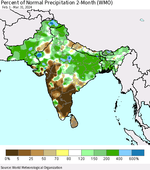 Southern Asia Percent of Normal Precipitation 2-Month (WMO) Thematic Map For 2/1/2024 - 3/31/2024