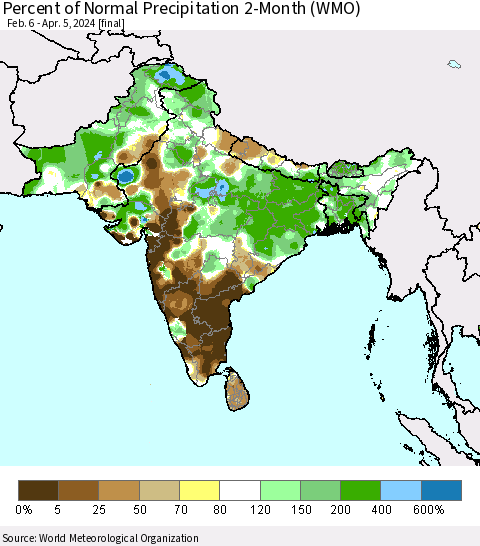 Southern Asia Percent of Normal Precipitation 2-Month (WMO) Thematic Map For 2/6/2024 - 4/5/2024