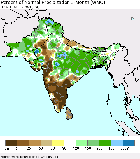 Southern Asia Percent of Normal Precipitation 2-Month (WMO) Thematic Map For 2/11/2024 - 4/10/2024