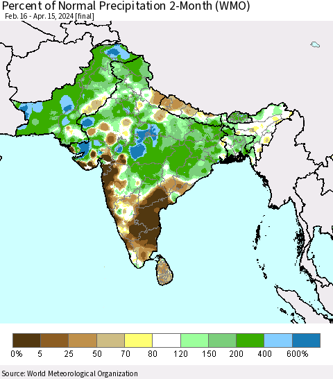 Southern Asia Percent of Normal Precipitation 2-Month (WMO) Thematic Map For 2/16/2024 - 4/15/2024