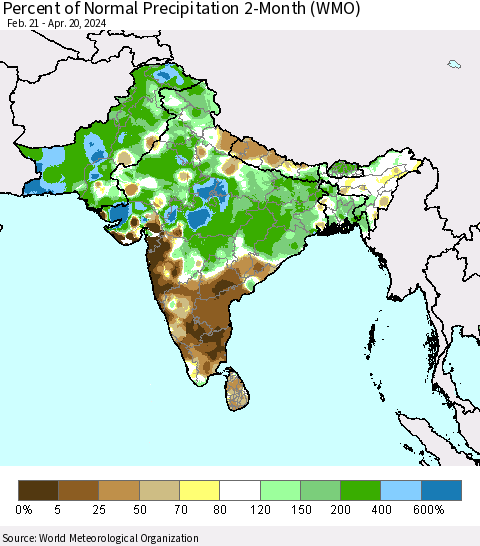 Southern Asia Percent of Normal Precipitation 2-Month (WMO) Thematic Map For 2/21/2024 - 4/20/2024