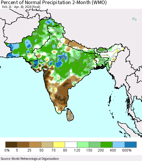 Southern Asia Percent of Normal Precipitation 2-Month (WMO) Thematic Map For 2/21/2024 - 4/20/2024