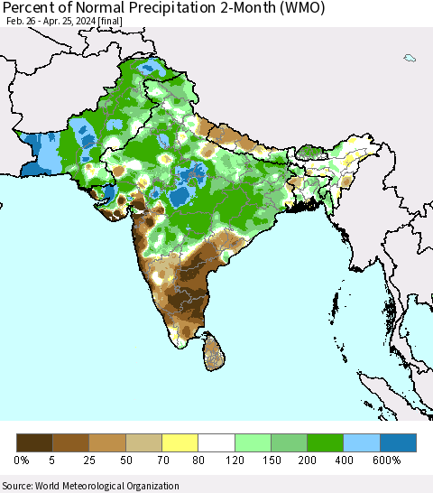 Southern Asia Percent of Normal Precipitation 2-Month (WMO) Thematic Map For 2/26/2024 - 4/25/2024