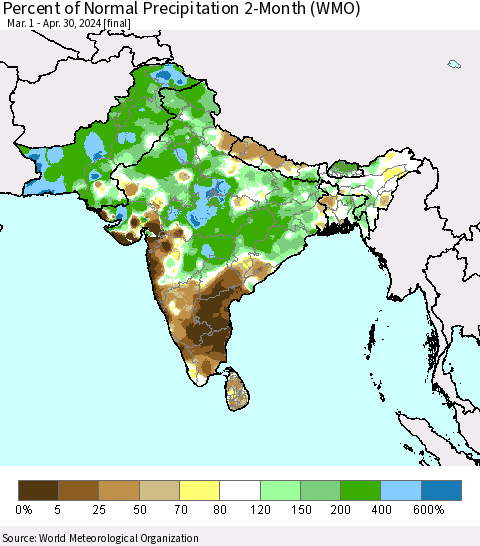Southern Asia Percent of Normal Precipitation 2-Month (WMO) Thematic Map For 3/1/2024 - 4/30/2024