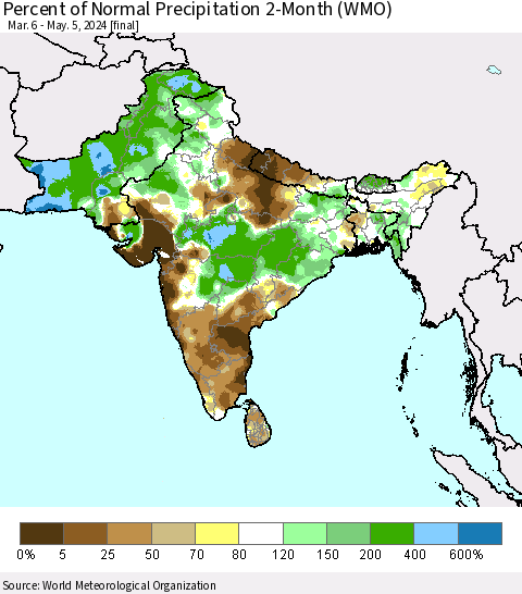 Southern Asia Percent of Normal Precipitation 2-Month (WMO) Thematic Map For 3/6/2024 - 5/5/2024