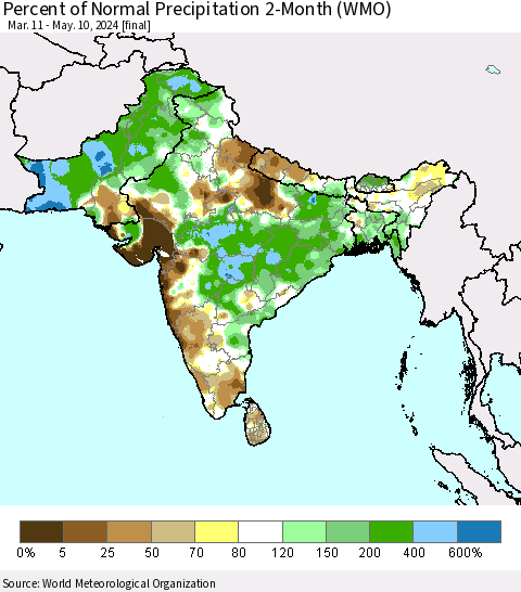 Southern Asia Percent of Normal Precipitation 2-Month (WMO) Thematic Map For 3/11/2024 - 5/10/2024