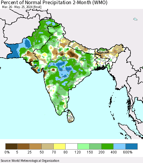 Southern Asia Percent of Normal Precipitation 2-Month (WMO) Thematic Map For 3/26/2024 - 5/25/2024