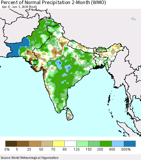 Southern Asia Percent of Normal Precipitation 2-Month (WMO) Thematic Map For 4/6/2024 - 6/5/2024