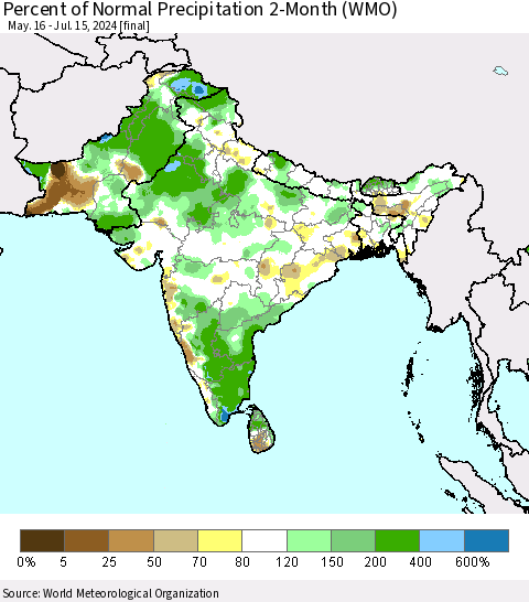 Southern Asia Percent of Normal Precipitation 2-Month (WMO) Thematic Map For 5/16/2024 - 7/15/2024