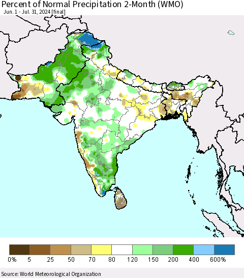 Southern Asia Percent of Normal Precipitation 2-Month (WMO) Thematic Map For 6/1/2024 - 7/31/2024