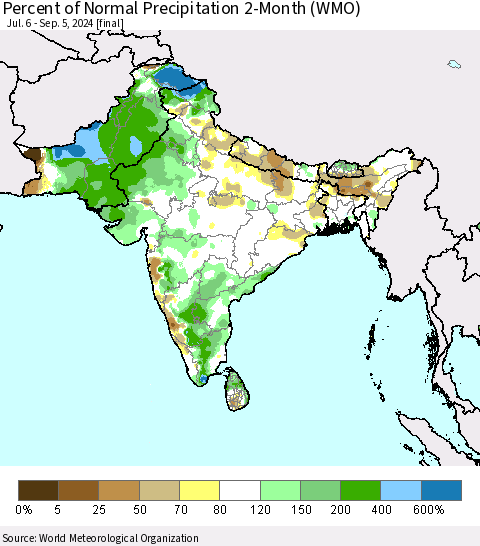 Southern Asia Percent of Normal Precipitation 2-Month (WMO) Thematic Map For 7/6/2024 - 9/5/2024