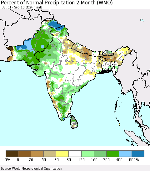 Southern Asia Percent of Normal Precipitation 2-Month (WMO) Thematic Map For 7/11/2024 - 9/10/2024