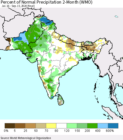 Southern Asia Percent of Normal Precipitation 2-Month (WMO) Thematic Map For 7/16/2024 - 9/15/2024