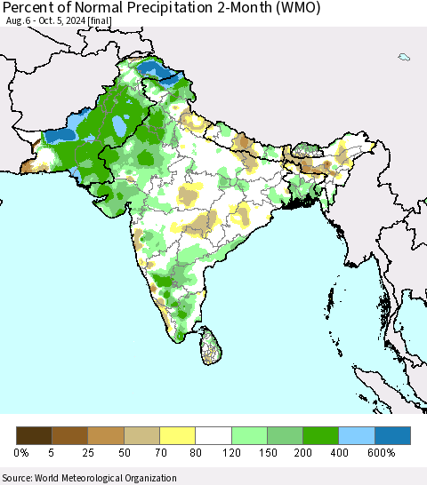 Southern Asia Percent of Normal Precipitation 2-Month (WMO) Thematic Map For 8/6/2024 - 10/5/2024