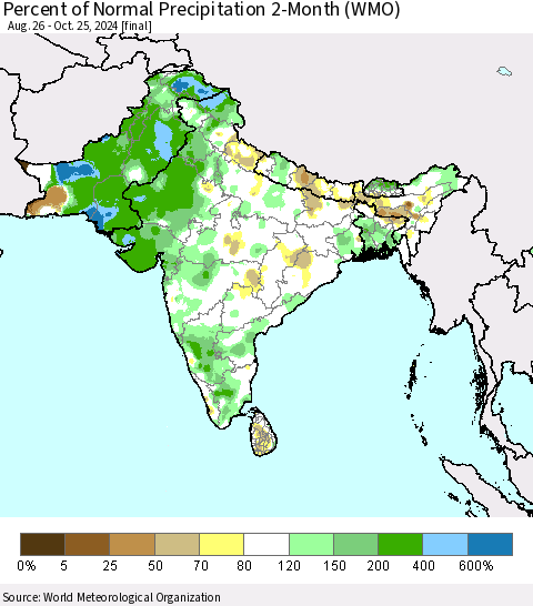 Southern Asia Percent of Normal Precipitation 2-Month (WMO) Thematic Map For 8/26/2024 - 10/25/2024