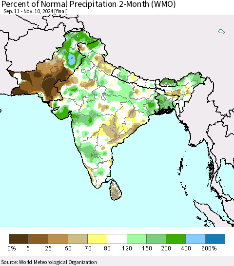 Southern Asia Percent of Normal Precipitation 2-Month (WMO) Thematic Map For 9/11/2024 - 11/10/2024