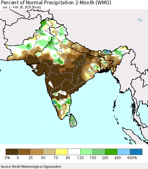 Southern Asia Percent of Normal Precipitation 2-Month (WMO) Thematic Map For 1/1/2025 - 2/28/2025