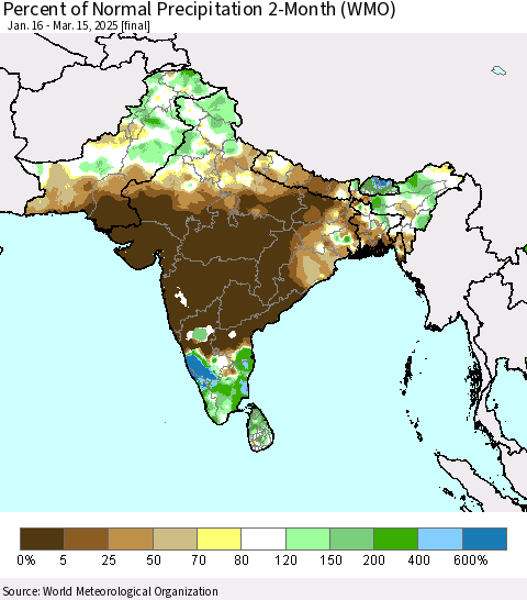 Southern Asia Percent of Normal Precipitation 2-Month (WMO) Thematic Map For 1/16/2025 - 3/15/2025