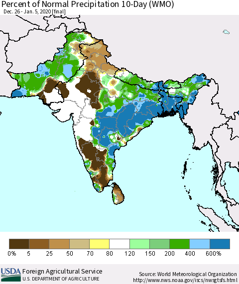 Southern Asia Percent of Normal Precipitation 10-Day (WMO) Thematic Map For 12/26/2019 - 1/5/2020