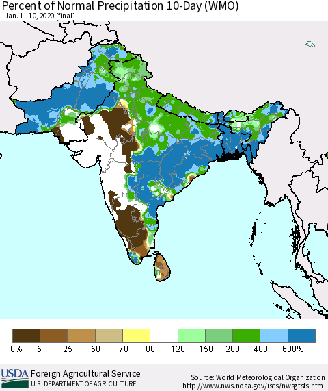 Southern Asia Percent of Normal Precipitation 10-Day (WMO) Thematic Map For 1/1/2020 - 1/10/2020