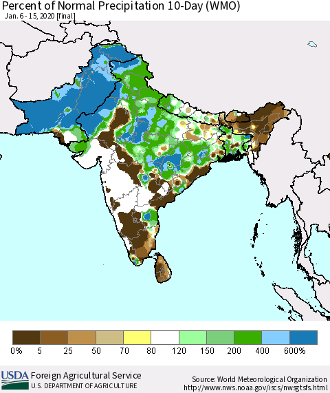 Southern Asia Percent of Normal Precipitation 10-Day (WMO) Thematic Map For 1/6/2020 - 1/15/2020