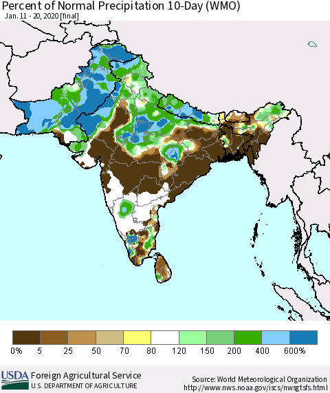 Southern Asia Percent of Normal Precipitation 10-Day (WMO) Thematic Map For 1/11/2020 - 1/20/2020