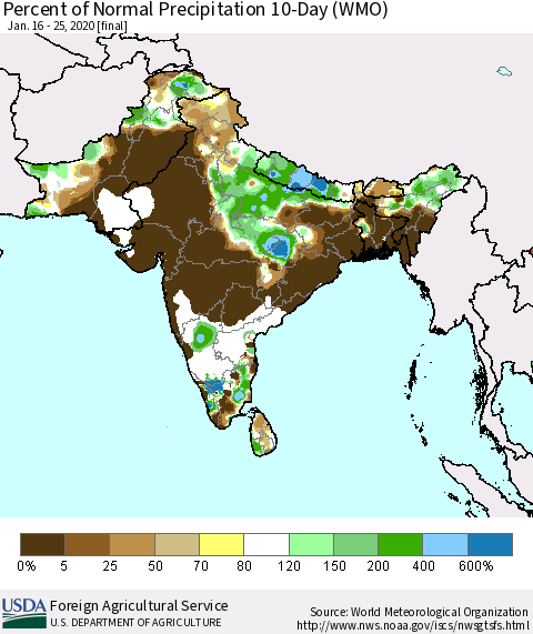 Southern Asia Percent of Normal Precipitation 10-Day (WMO) Thematic Map For 1/16/2020 - 1/25/2020