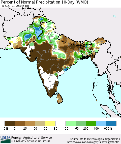 Southern Asia Percent of Normal Precipitation 10-Day (WMO) Thematic Map For 1/21/2020 - 1/31/2020